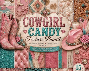 Cowgirl Candy Texture Bundle, Western Pink Teal Digital Papers, Girly Cowgirl Backgrounds
