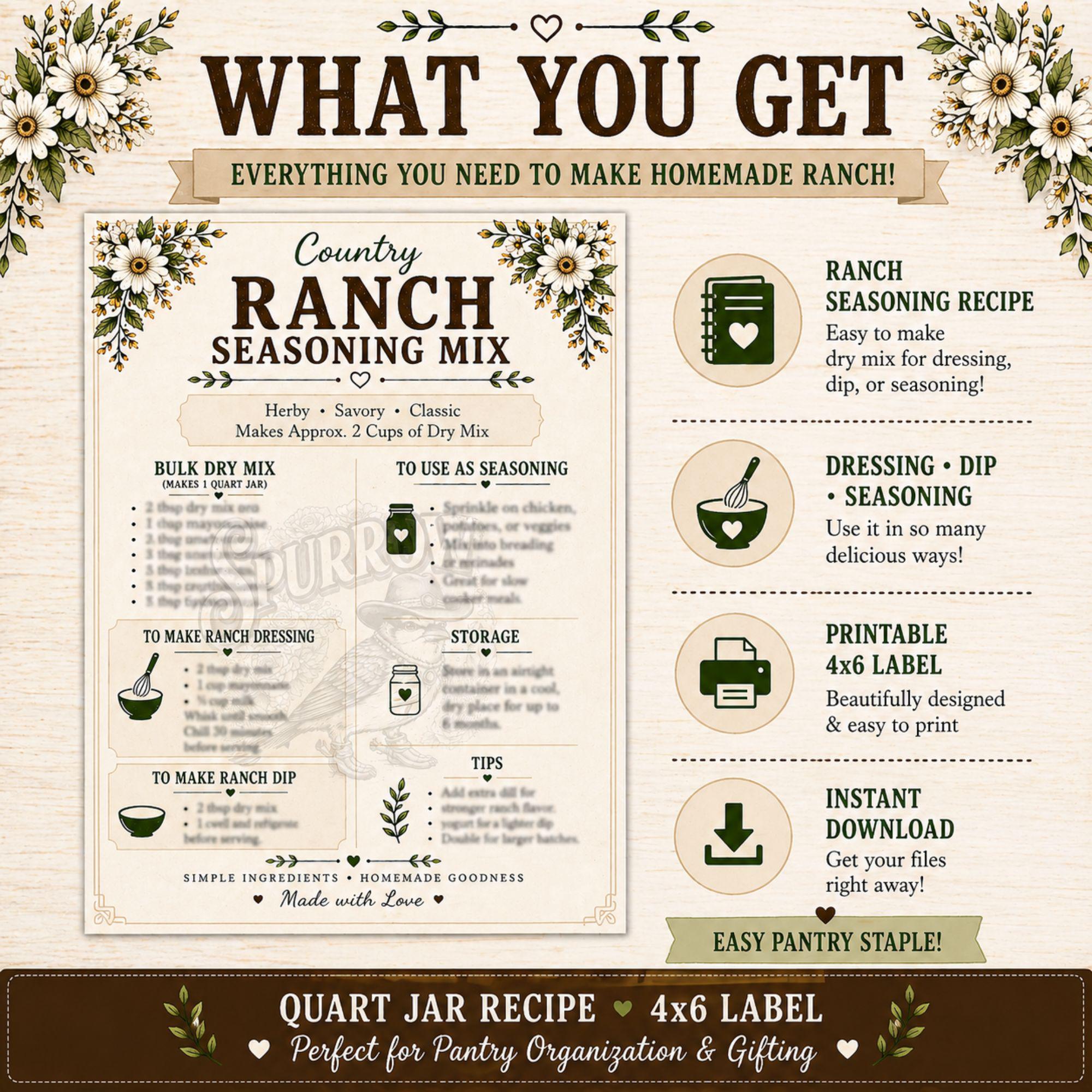Ranch Seasoning Mix Label, Dressing and Dip Recipe, Half Gallon Pantry ...