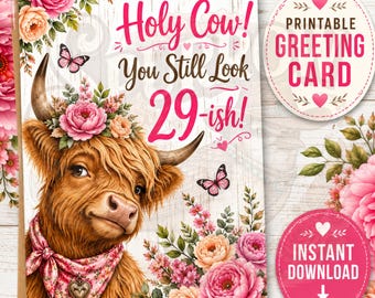 Highland Cow Birthday Card, Floral Butterflies, Funny 29-ish Greeting (Digital Download)