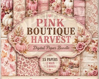 Pink Boutique Harvest Digital Paper Bundle, Fall Pumpkin Patterns, Commercial Use