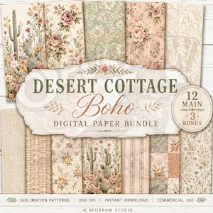 Digitale papierbundel Desert Cottage Boho, Cactus Bloom, Vintage Floral (direct te downloaden)