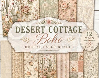 Ensemble de papiers numériques bohèmes style cottage du désert, fleurs de cactus, motif floral vintage (téléchargement instantané)