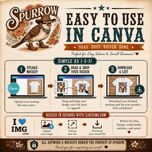The image is a promotional poster for a website called "Spurrow" that offers a free design service for t-shirt designs. It features a bird illustration and text that describes the process of using the website to create custom t-shirt designs.
