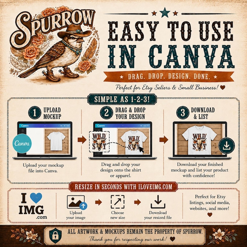 The image is a promotional poster for a website called "Spurrow" that offers a free design service for t-shirt designs. It features a bird illustration and text that describes the process of using the website to create custom t-shirt designs.