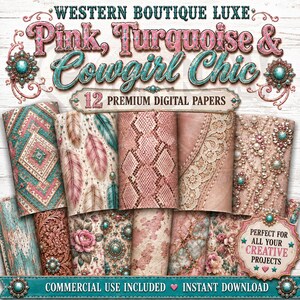 Western Digital Papers, Blush Turquoise Tooled Leather Cowhide, Floral Backgrounds Cowgirl Glam Commercial Use