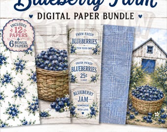 Blueberry Farm Digital Paper Bundle | Rustic Farmhouse Scrapbook Papers | Junk Journal | Printable Craft Backgrounds