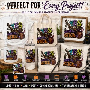 The image is a collection of various items related to the "Yes I Can Drive a Stick" theme, including a mug, a tote bag, a pillow, a notebook, and a teddy bear. The items are arranged on a wooden surface, and there is a sign that says "Perfect for Every Project!" indicating that these items can be used for any project.