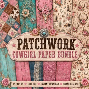 Patchwork Cowgirl Digital Paper Bundle, Pink Turquoise Western Scrapbook Patterns (Instant Download)
