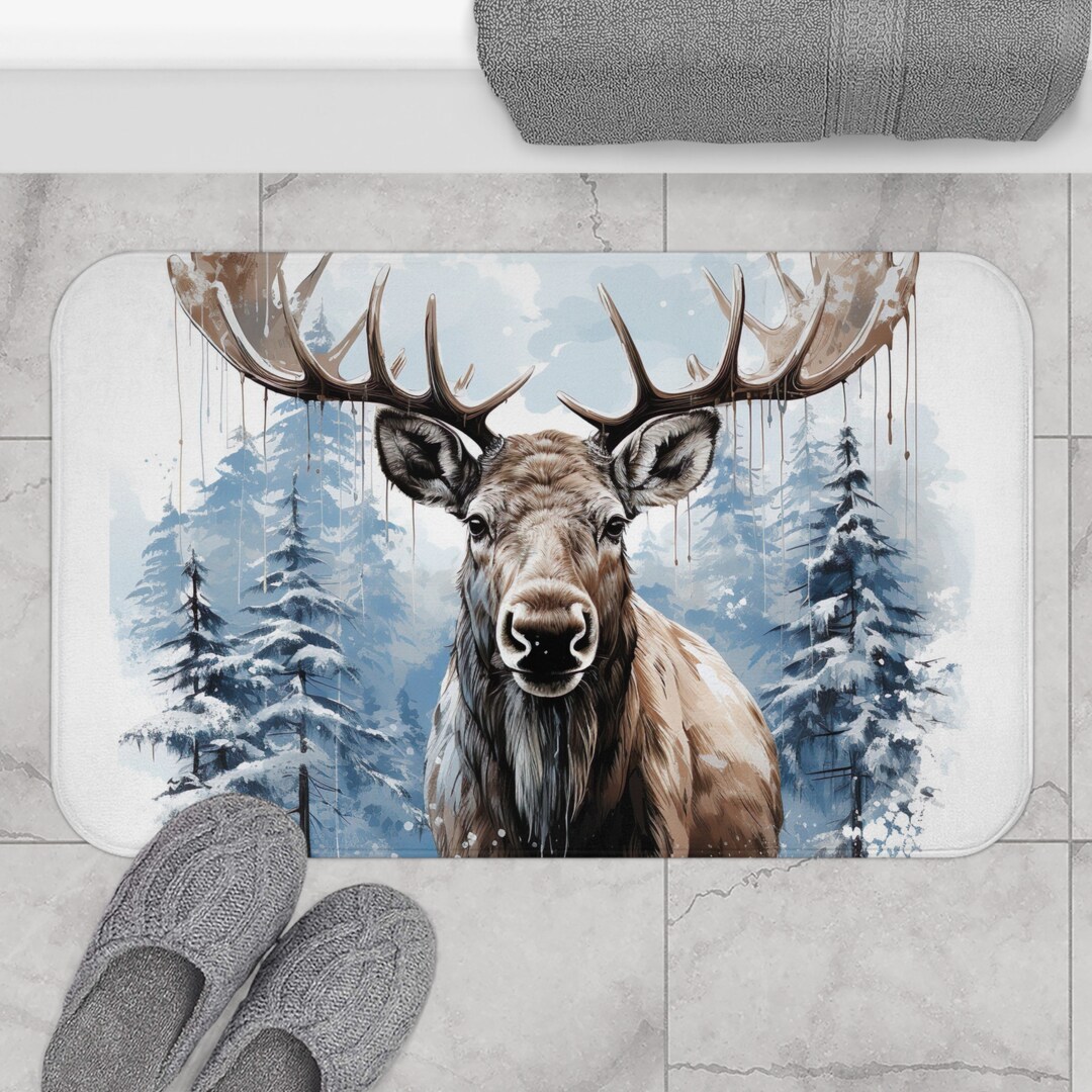 Winter Moose Bath Mat Rustic Wildlife Moose Bathroom Decor Etsy