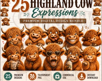 25 Highland Cow Expressions PNG Bundle, Funny Digital Designs (Commercial Use)