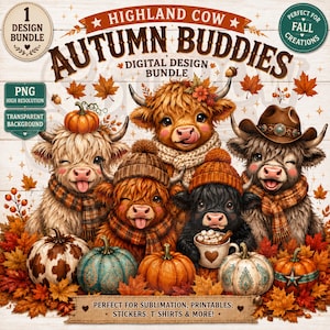 Fall Highland Cow PNG Bundle, Pumpkin Patch Artwork, Rustic Western Boho Download