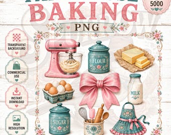 Farmhouse Baking PNG, Pink Mixer, Teal Canisters, Apron, Bow, Kitchen Design