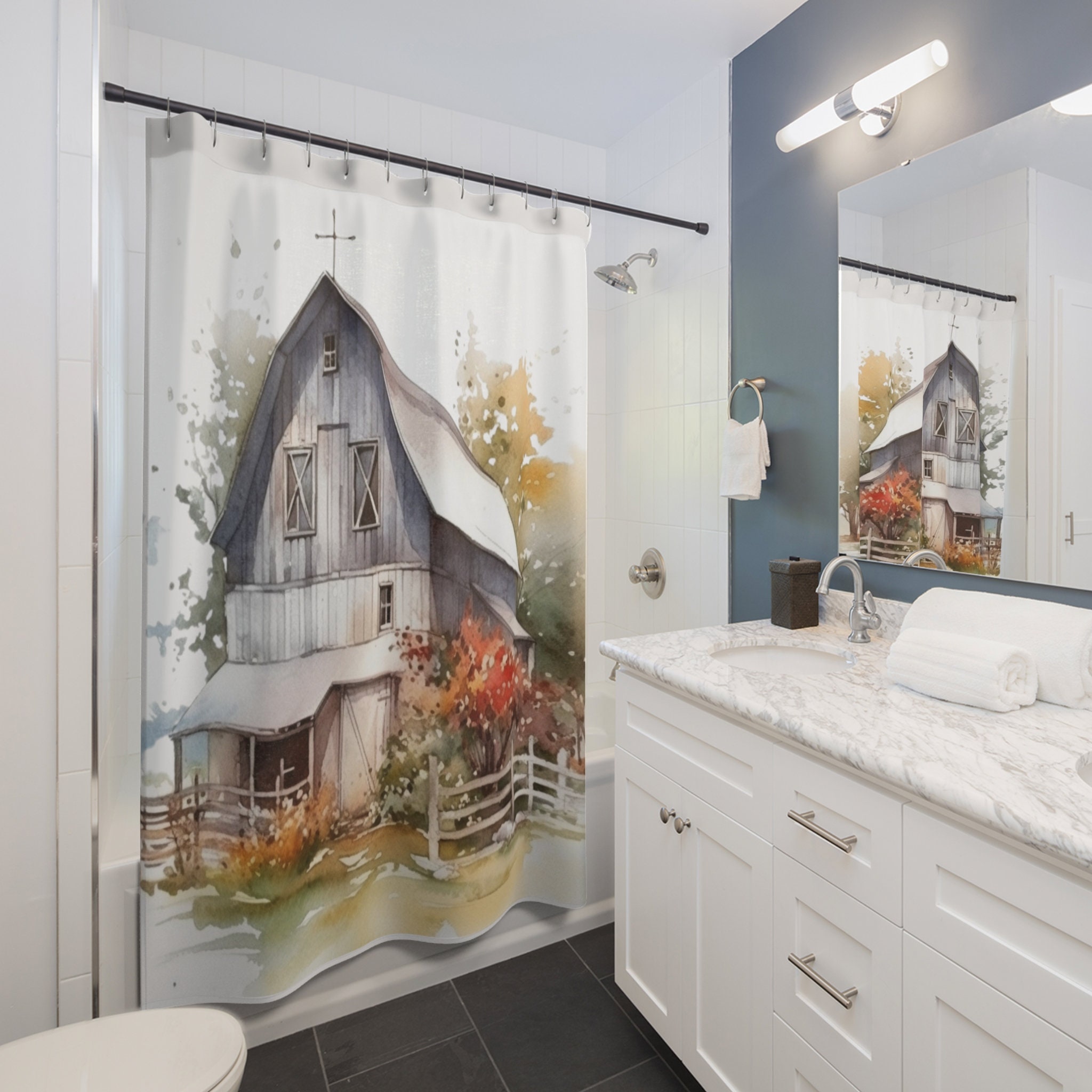 Farmhouse Barn Shower Curtain, Watercolor Barn Bathroom Decor, Rustic