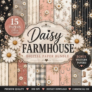 Pacchetto di carte digitali Daisy Farmhouse, sfondi floreali in stile western (download immediato)