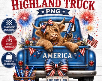 Patriotic Highland Cow Truck PNG, Land That I Love, Americana Design