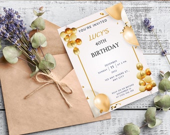 Golden Birthday Invite, Digital and White Gold Birthday Party Invitation, Printable Editable Digital Download