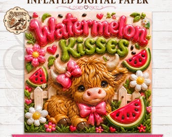 Watermelon Kisses Highland Cow Digital Paper | 3D Puffy JPG (Digital Download)