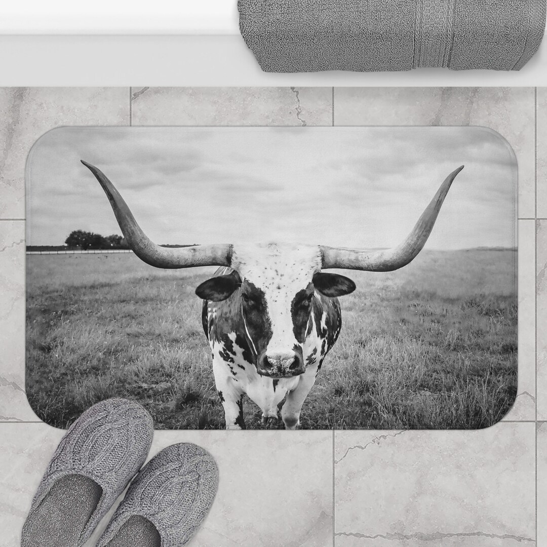 Longhorn Cow Bath Mat, Cow Rugs and Mats, Rustic Ranch Bathroom Decor