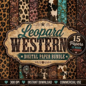 Western Leopard Digital Paper Bundle, Sublimation Patterns, Turquoise, Cowhide, Tooled Leather (Digital Download)