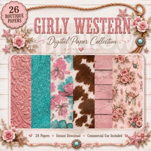 Könnte beinhalten: Eine digitale Papiersammlung mit 26 Blättern in verschiedenen Mustern, darunter florale rosa Schnörkel, türkisfarbener Glitzer, Kuhfellmuster, rosa Holzplanken und florale Designs mit Kuhschädeln, umrahmt von einer Seilbordüre.