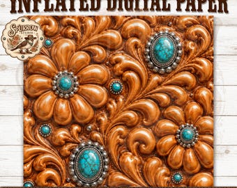 Western Tooled Leather Inflated Digital Paper |  Sheridan Floral 3D Puffy Texture Commercial Use