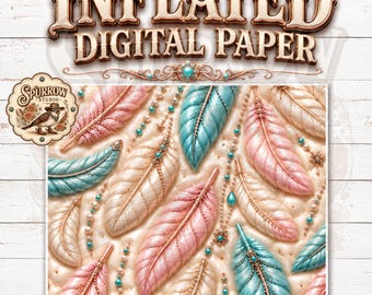 Western Boho Feather Inflated Digital Paper | Puffy 3D Background Commercial Use