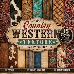 Country Western Texture Digital Paper Bundle, Western Leather Cowhide Backgrounds, Instant Download