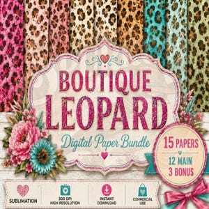 Boutique Leopard Digital Paper Bundle, Pink Turquoise Cheetah Prints, 15 Designs, Commercial Use