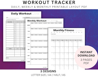 Workout Tracker Printable, Daily Exercise Log, Fitness Planner, Gym Training Log, Workout planner, A4/A5/Letter/Half Size, Instant Download