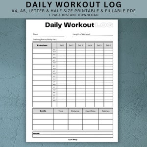 Seguimiento de entrenamiento imprimible, registro de ejercicio diario, planificador de fitness, registro de entrenamiento de gimnasio, planificador de entrenamiento, A4/A5/carta/medio tamaño, descarga instantánea