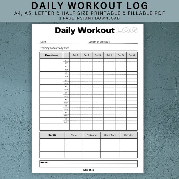 Workout Tracker Printable, Daily Exercise Log, Fitness Planner, Gym Training Log, Workout planner, A4/A5/Letter/Half Size, Instant Download