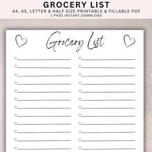 May include: A printable grocery list with two columns of checkboxes and lines for writing. The title "Grocery List" is written in cursive at the top of the page. There are two hearts at the top of the page.