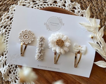 Ensemble de barrettes pour enfants avec fleurs couleur crème et un nœud de 4 cm | Accessoires pour cheveux de mariage pour filles | Barrettes pour tout-petits | Idée cadeau pour filles