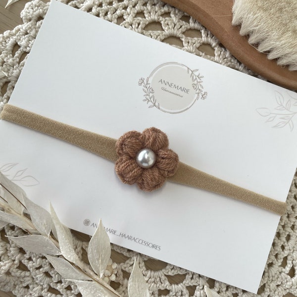 Baby Haarband für Mädchen mit Woll Blume und Perle  | Haarschmuck Mädchen | Blumen Stirnband Baby | Newborn Haarband