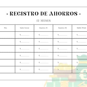 May include: A black and white savings record chart with the title "REGISTRO DE AHORROS" and "12 MESES" at the top. The chart has columns for "Mes", "Saldo Inicial", "Depósito #1", "Depósito #2", and "Saldo Final". The bottom of the chart has a graphic of a money bag and euro symbol.