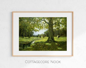 Pastorale Wiesen-Szene, Vintage-Landschaft mit grasenden Kühen, Bauernhaus-Kunst (digitaler Download)