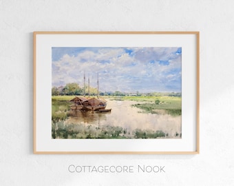 Asiatische Flussboote vor Anker am Fluss, Vintage Aquarell Landschaft (Digitaler Download)