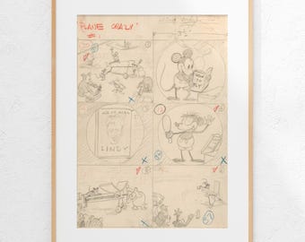 Flugzeug verrückte Micky Maus Storyboard, Vintage Disney Animation Skizze (digitaler Download)
