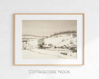 Bauernhaus Winter Skizze, Vintage Land Bauernhof Szene, rustikale Landschaft Zeichnung (Digitaler Download)