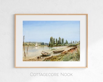 Kleine Flusslandschaft mit Booten & Bäumen, Vintage Aquarell und Bleistift 1883 (Digitaler Download)