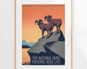 Nationalparks Bighorn Schafe Poster, WPA Bund Art Project Wildlife Druck (Digitaler Download)
