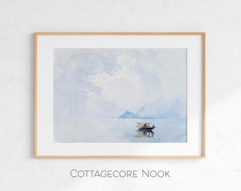 Stimmungsvoller Regen blau Aquarell Seelandschaft, Vintage asiatische Bootsszene (digitaler Download)