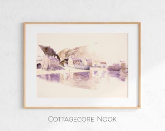 Dorf am Meer Landschaft, Porth Dinlleyn Wales, sanft Aquarell Küstenszene (Digitaler Download)