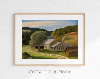 Bauernhaus-Landschaft, ländliche Bauernhof- und Scheunen-Szene, bunte rustikale Wand-Kunst (digitaler Download)