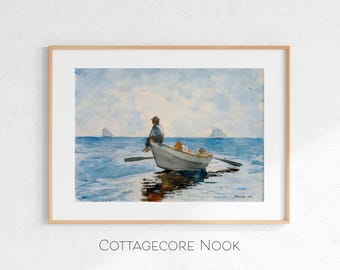 Jungen auf Dory, Vintage Aquarell Druck, Küstenstrand Haus Dekor (digitaler Download)