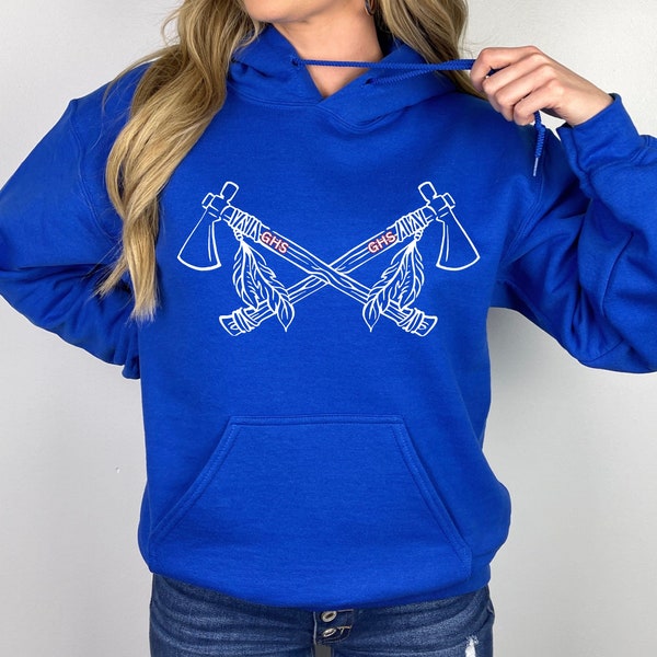 Youth Heavy Blend Hooded Sweatshirt. Glenbrook High School Blue Hoodie with Tomahawks. Glenbrook students clothing and apparel. GHS Apaches.