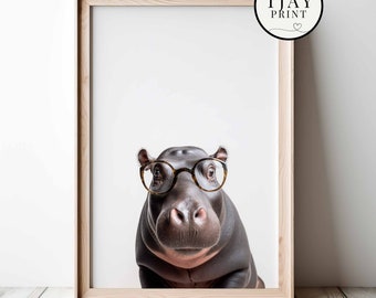 Funny Hippo Wearing Glasses Digital Download Decorative Weird Wall Art Whimsical Hipster Animal Portrait Funny Cute Cute Animals