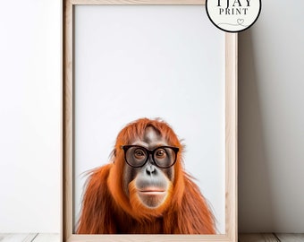 Funny Orangutan Wearing Glasses Digital Download Decorative Weird Wall Art Whimsical Hipster Animal Portrait Funny Cute Cute Animals