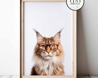 Cute Maine Coon Cat with Glasses, Digital Download, Decorative Beautiful Wall Art, Quirky Hipster Animal Portrait, Funny Cute Pets