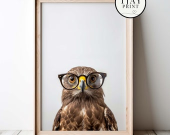 Funny Buzzard with Glasses Digital Download Decorative Charming Stylish Wall Art Whimsical Hipster Animal Portrait Funny Cute Animals